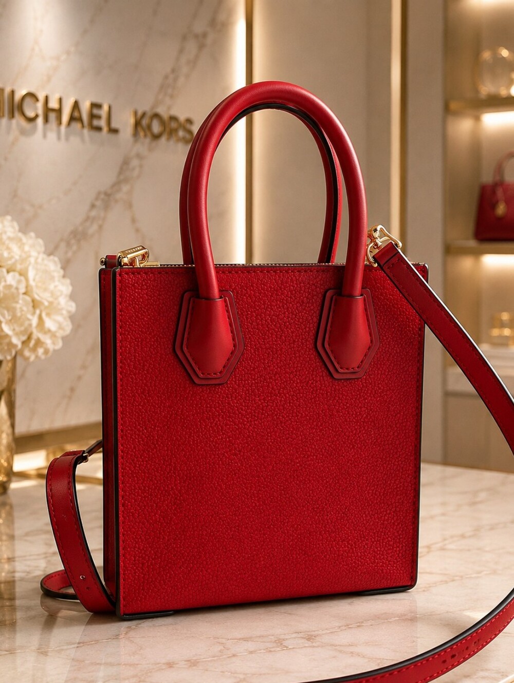 Michael Kors Mercer Red Pebbled Leather Mini Crossbody Tote Bag Gold NWT - Picture 2 of 6